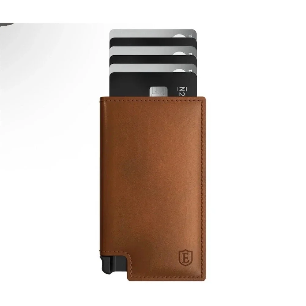 $99 Ekster Parliament RFID Slim Wallet Brown Pop-Up Cardholder Strap w/ gift Box
